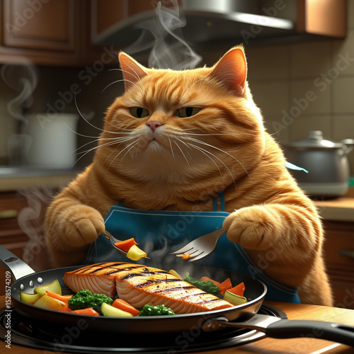 Wallpaper Mural A chubby orange tabby in an apron blankly eats grilled fish and veggies from a steaming pan at a kitchen table—whimsical, absurd, and warmly lit. Generated With AI Image. Torontodigital.ca