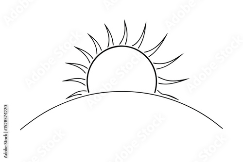 Simple line drawing of a sun setting over a hill