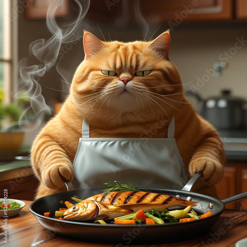 Wallpaper Mural A chubby orange tabby in an apron blankly eats grilled fish and veggies from a steaming pan at a kitchen table—whimsical, absurd, and warmly lit. Generated With AI Image. Torontodigital.ca