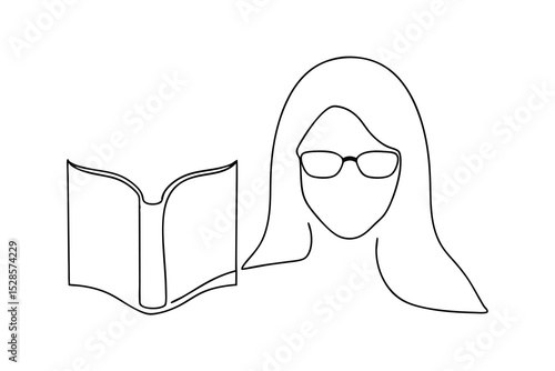 Woman reading book simple line drawing illustration