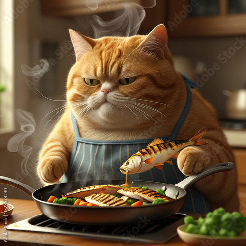 Wallpaper Mural A chubby orange tabby in an apron blankly eats grilled fish and veggies from a steaming pan at a kitchen table—whimsical, absurd, and warmly lit. Generated With AI Image. Torontodigital.ca