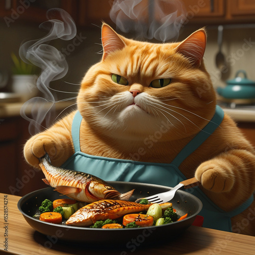 Wallpaper Mural A chubby orange tabby in an apron blankly eats grilled fish and veggies from a steaming pan at a kitchen table—whimsical, absurd, and warmly lit. Generated With AI Image. Torontodigital.ca