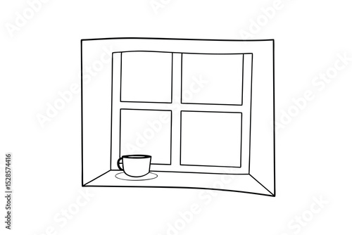 Cozy coffee break window line drawing illustration