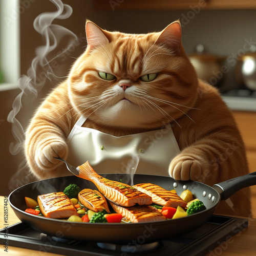Wallpaper Mural A chubby orange tabby in an apron blankly eats grilled fish and veggies from a steaming pan at a kitchen table—whimsical, absurd, and warmly lit. Generated With AI Image. Torontodigital.ca