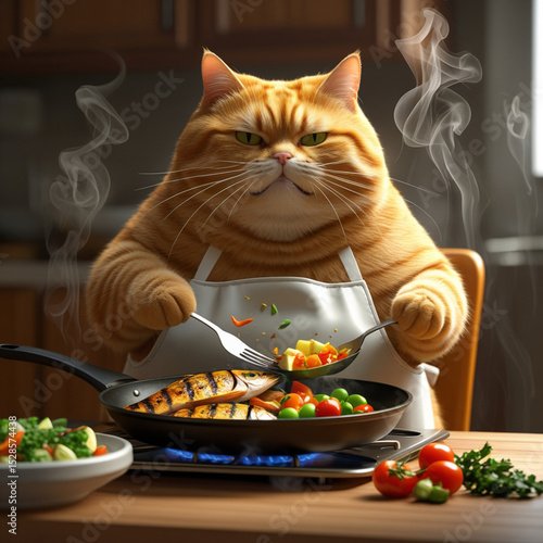 Wallpaper Mural A chubby orange tabby in an apron blankly eats grilled fish and veggies from a steaming pan at a kitchen table—whimsical, absurd, and warmly lit. Generated With AI Image. Torontodigital.ca