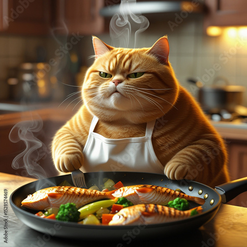 Wallpaper Mural A chubby orange tabby in an apron blankly eats grilled fish and veggies from a steaming pan at a kitchen table—whimsical, absurd, and warmly lit. Generated With AI Image. Torontodigital.ca