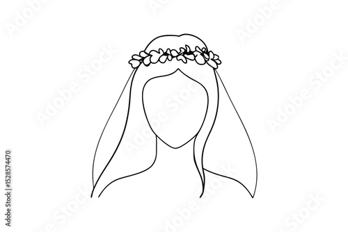 Simple line drawing bride floral crown veil minimalist