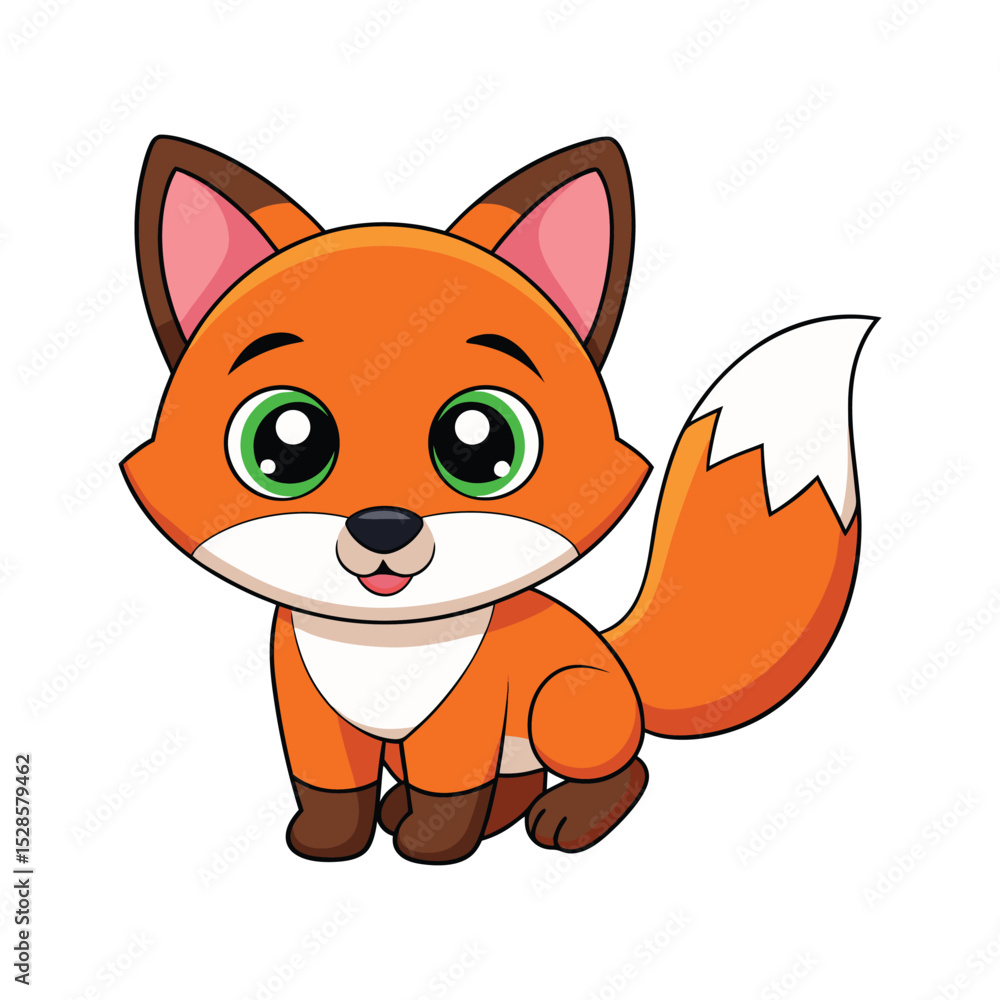 Obraz premium A cute, funny, orange cartoon fox illustration with a tail, smiling like a wild cat