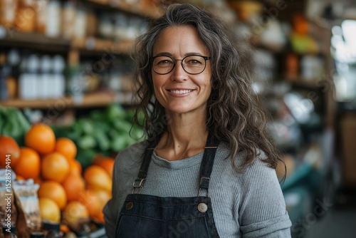 Smiling Woman Grocer in Organic Retail. Healthy Fruits & Vegetables at Local Farmers Market