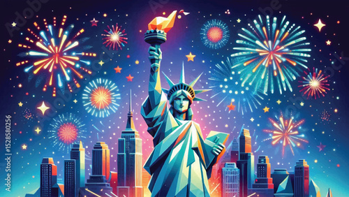 Statue of Liberty and Fireworks, A majestic, cartoon-style Statue of Liberty hold 