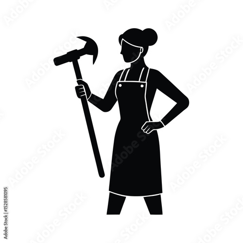 Female worker holding hammer vector silhouette