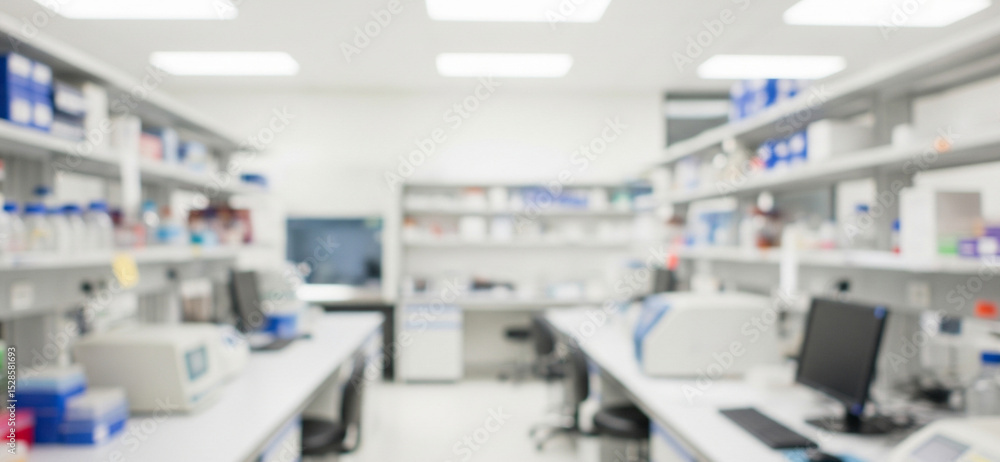 Blurred view of a white laboratory or pharmacy with shelves and equipment. Blurred view of a white laboratory or pharmacy with shelves and equipment.