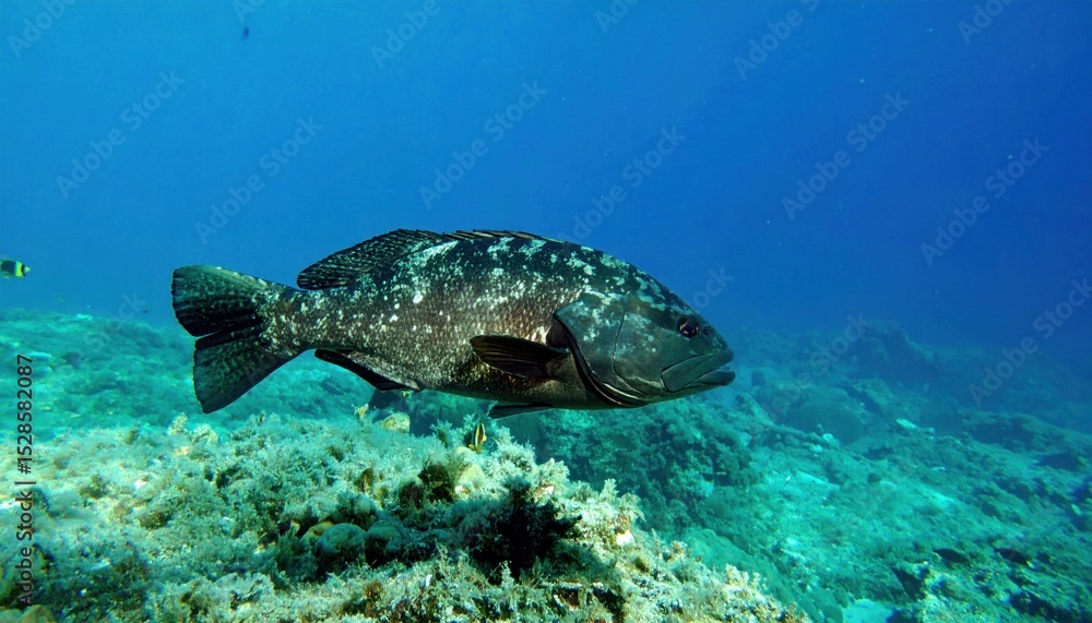 Fototapeta premium Mysterious dusky grouper swims serenely through turquoise underwater world