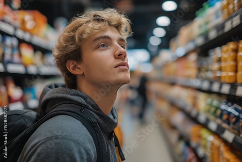 Young Man Shopping in Grocery Store Aisle - Modern Retail Experience and Healthy Choices