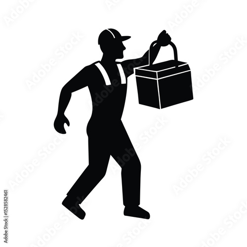Laborer lifting toolbox with one hand vector silhouette