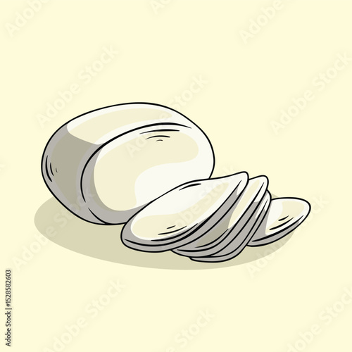 Illustration of mozzarella cheese and sliced pieces