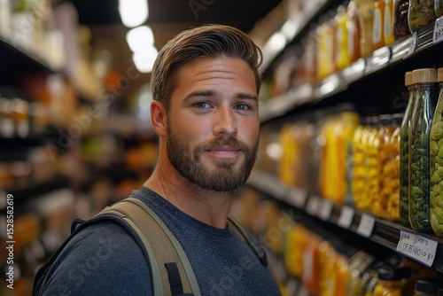 Smiling Man Shopping for Healthy Food in Modern Grocery Aisle. Organic Products and Freshness for Wellness Enthusiasts