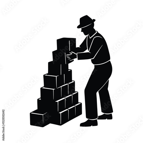 Mason stacking bricks vector silhouette