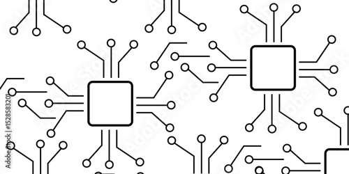 Abstract  seamless, monochromatic vector pattern featuring stylized microchip or circuit board elements on a white background. Connections or electrical pathways, ending in small circular nodes.