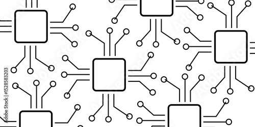 Abstract  seamless, monochromatic vector pattern featuring stylized microchip or circuit board elements on a white background. Connections or electrical pathways, ending in small circular nodes.