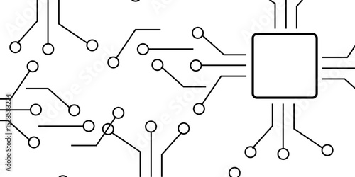 Abstract  seamless, monochromatic vector pattern featuring stylized microchip or circuit board elements on a white background. Connections or electrical pathways, ending in small circular nodes.