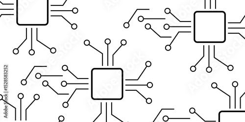 Abstract  seamless, monochromatic vector pattern featuring stylized microchip or circuit board elements on a white background. Connections or electrical pathways, ending in small circular nodes.