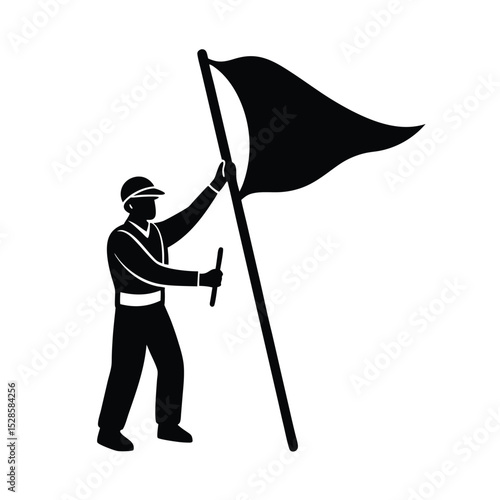 Worker raising flag on pole vector silhouette