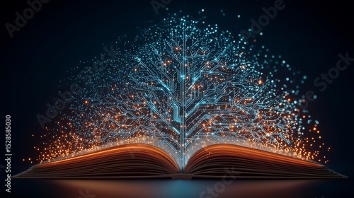 Glowing digital tree emerging from open book pages