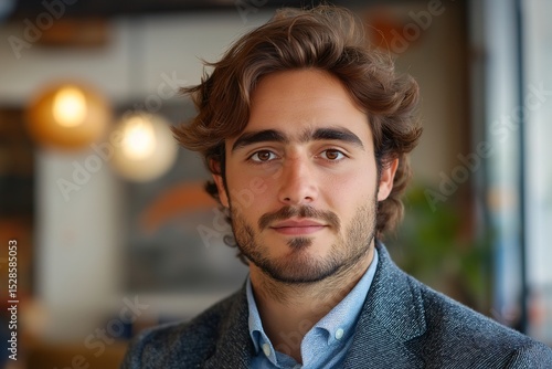 Confident Young Man in Casual Blue Shirt. Modern Indoor Portrait with a Cheerful and Elegant Style