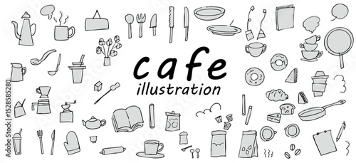 手書きのかわいいカフェのアイコンイラストセット　ベクター黒