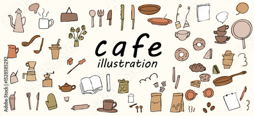手書きのかわいいカフェのアイコンイラストセット　ベクター カラー