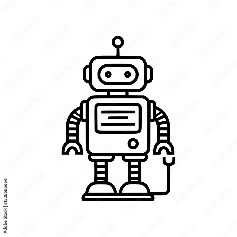 Line art illustration of a robot with a rectangular body, head, and striped limbs, standing on a white background. Line art illustration of a robot with a rectangular body, head, and striped limbs, standing on a white background.