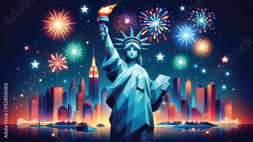 Statue of Liberty and Fireworks, A majestic, cartoon-style Statue of Liberty hold 