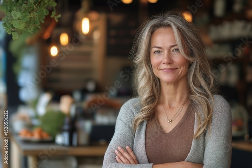 Middle-Aged Woman Smiling in Elegant Coffee Shop. A Lifestyle Portrait in Relaxed, Modern Decor and Warm, Inviting Atmosphere