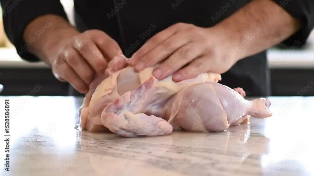 Spatchcocked chicken being pressed flat, backbone removal Spatchcocked chicken being pressed flat, backbone removal