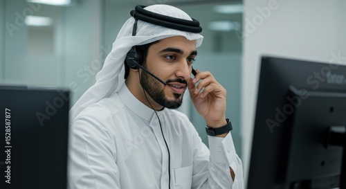 Middle Eastern Man in Call Center Wearing Headset