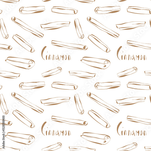 seamless cinnamon spice pattern with brown hand drawn sticks and text on white background in sketch doodle style