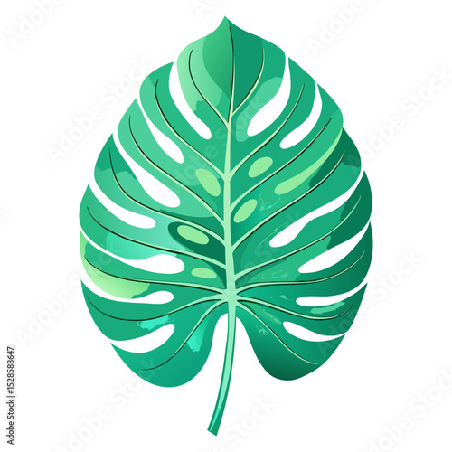 A stylized illustration of a vibrant green Monstera deliciosa leaf with characteristic splits and holes.