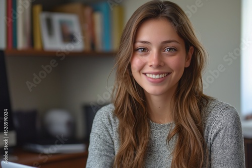 Smiling Young Woman in a Modern Home Office - Casual, Relaxed Portrait in Natural Light with Contemporary Decor
