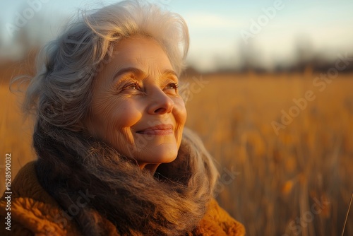 Elderly Woman's Joyful Reflection. An Autumn Sunset in Warm Outdoor Colors