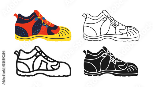 Builders safety boots icon symbol set. Modern construction protective worker safety boots footwear for builder mechanic plumber carpentry service. Professional shoes sign design vector illustration