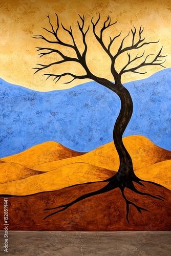 Abstract Mosaic Artwork Barren Tree Against Textured Blue and Gold Hills