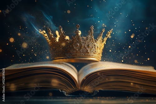 Golden crown resting on open ancient book magic