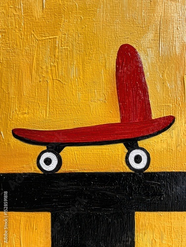 Abstract Red Skateboard Painting on Gold and Black Background