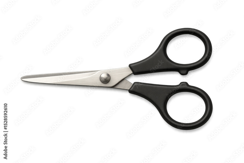 Closed pair of sharp steel scissors with black plastic handle isolated on transparent background, ideal for cutting paper, fabric, hair, and other materials Closed pair of sharp steel scissors with black plastic handle isolated on transparent background, ideal for cutting paper, fabric, hair, and other materials