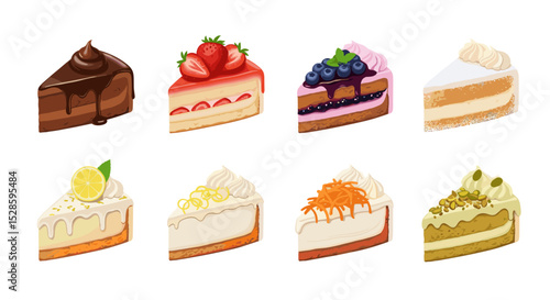 Delicious cake slices collection featuring chocolate strawberry blueberry lemon carrot and pistachio flavors