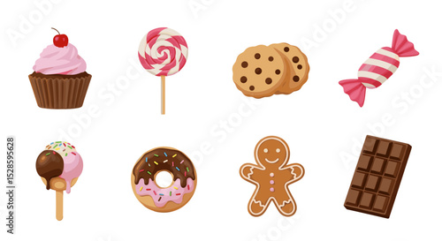 Assorted sweets and treats collection featuring cupcake lollipop cookies candy ice cream donut gingerbread chocolate