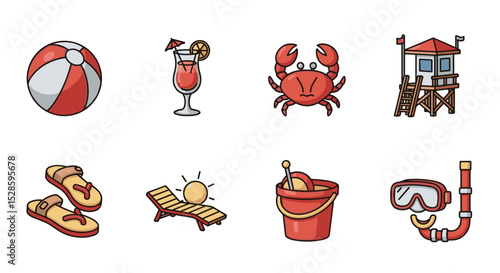 Beach summer vacation icons set featuring ball cocktail crab lifeguard stand sandals and snorkel elements