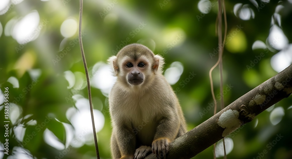 Fototapeta premium Curious Monkey in Tropical Forest Looking at Camera in Natural Habitat