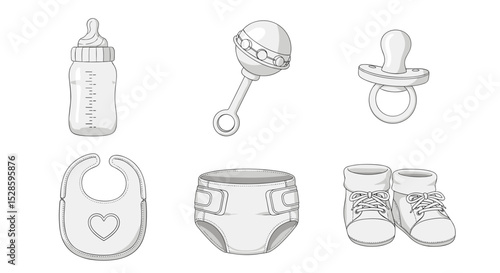 Baby essentials vector illustration featuring bottle, rattle, pacifier, bib, diaper, and shoes drawing line art